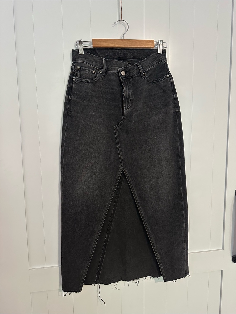 American Eagle Outfitters Black Denim Midi Skirt with Front Slit